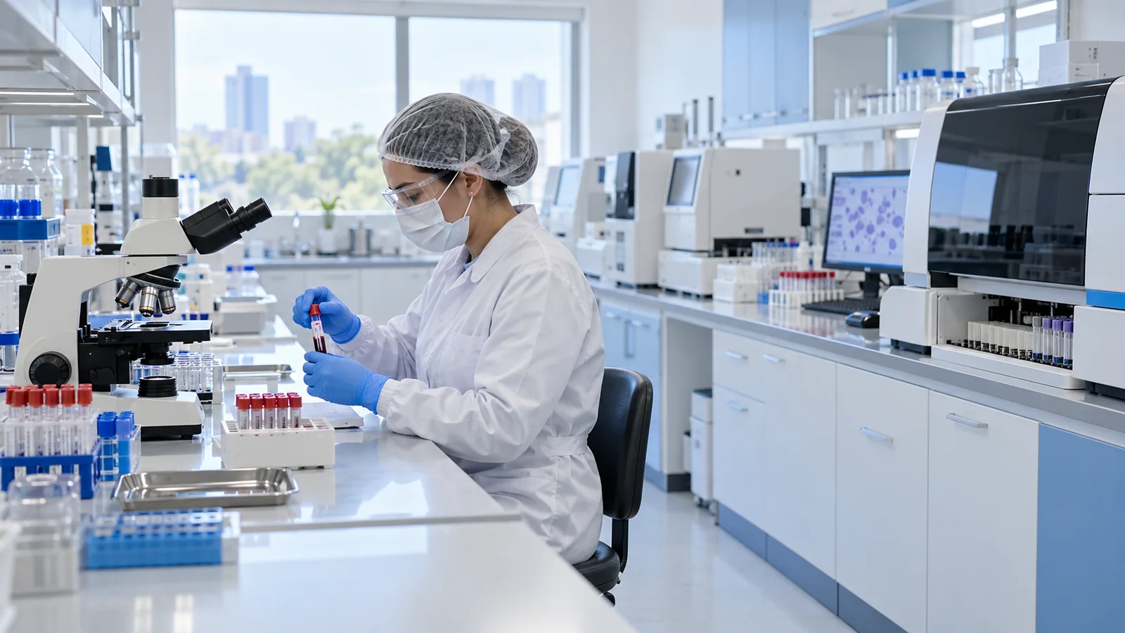 Profissional em laboratório clínico analisando amostras
